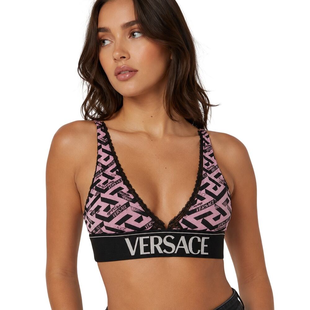 Versace La Greca Logo Print Designer V Neck Bra Top Pink Black Women's Size 1